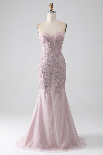 Sparkly Blush Strapless Mermaid Corset Prom Dress with Appliques